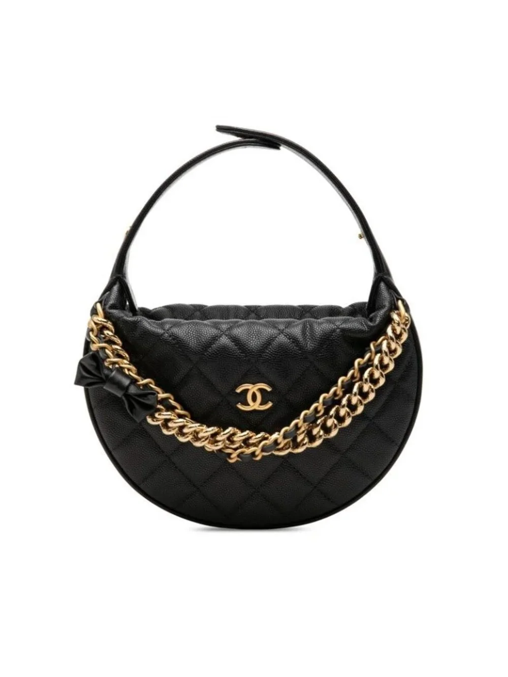 Chanel CC Logo Quilted Mini Hobo Handbag Ribbon Chain Black Caviar Leather